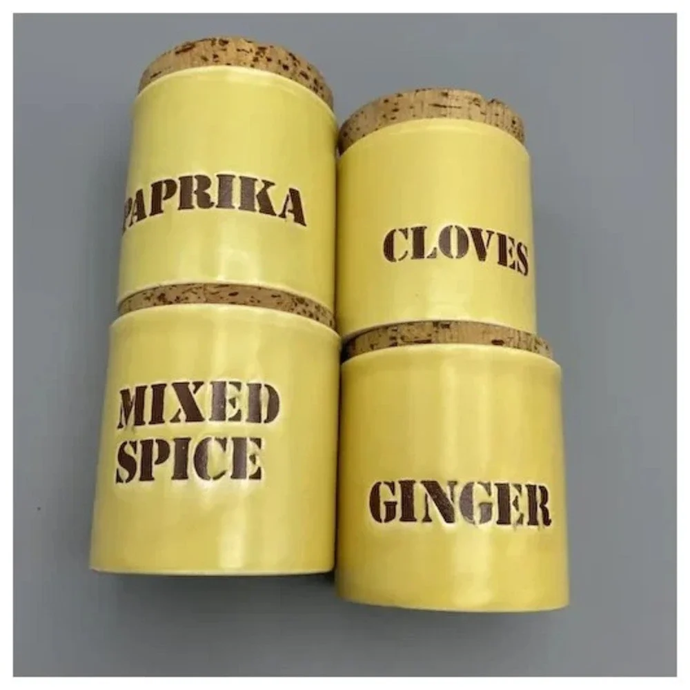 Vintage Kiln Craft Ceramic Spice Jars‎ Cork Lid Made in England Yellow Kilncraft